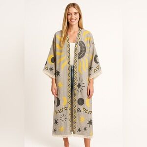 Boho Sun & Moon Kimono Duster in Yellow and Gray